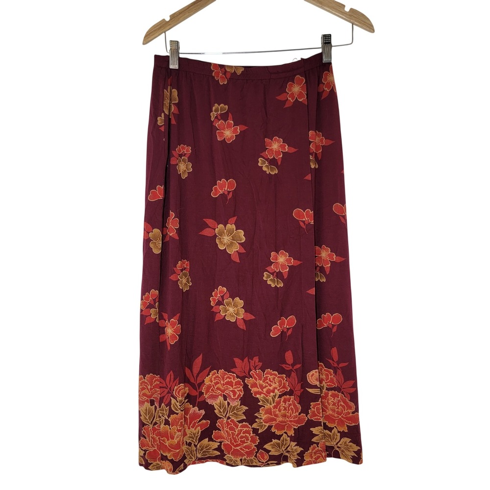 VTG Y2K Laura Ashley Burgundy Floral Maxi Skirt Viscose Elastic Waist‎ Size S